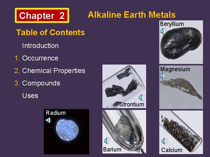 Chapter 2 Alkaline Earth Metals Beryllium Table of Contents Introduction 1. Occurrence Magnesium 2.