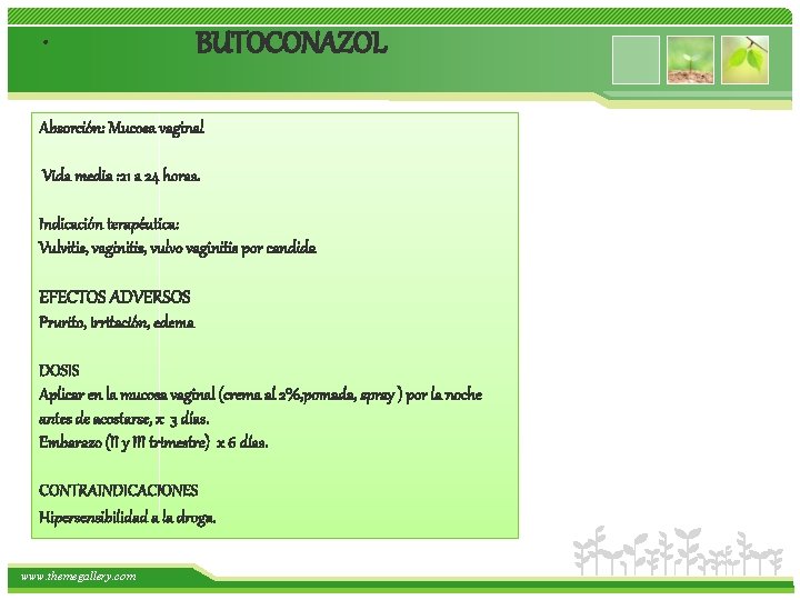  • BUTOCONAZOL Absorción: Mucosa vaginal Vida media : 21 a 24 horas. Indicación