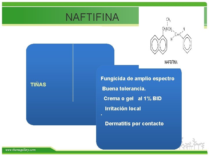 NAFTIFINA Fungicida de amplio espectro TIÑAS Buena tolerancia. Crema o gel al 1% BID.