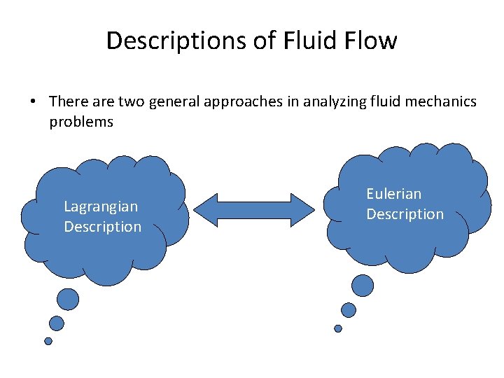 Descriptions of Fluid Flow • There are two general approaches in analyzing fluid mechanics