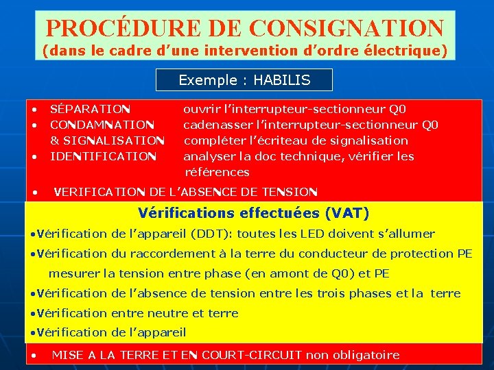 PROCÉDURE DE CONSIGNATION (dans le cadre d’une intervention d’ordre électrique) Exemple : HABILIS •