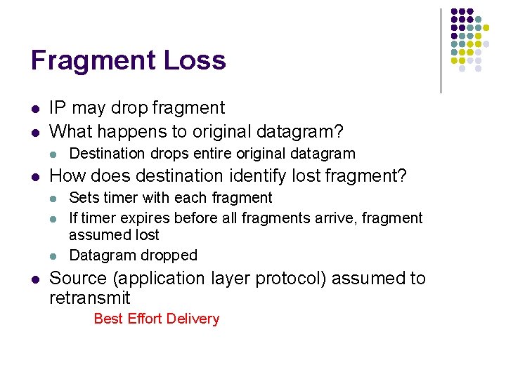Fragment Loss l l IP may drop fragment What happens to original datagram? l Fragment Loss l l IP may drop fragment What happens to original datagram? l