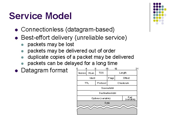 Service Model l l Connectionless (datagram-based) Best-effort delivery (unreliable service) l l l packets Service Model l l Connectionless (datagram-based) Best-effort delivery (unreliable service) l l l packets