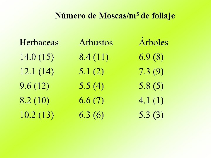 Número de Moscas/m 3 de foliaje 