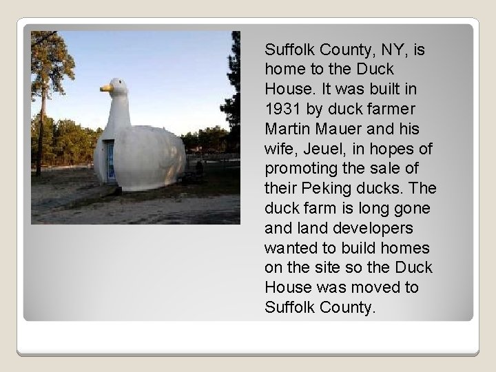 Suffolk County, NY, is home to the Duck House. It was built in 1931