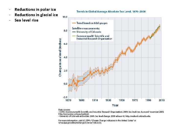 - Reductions in polar ice - Reductions in glacial ice - Sea level rise - Reductions in polar ice - Reductions in glacial ice - Sea level rise