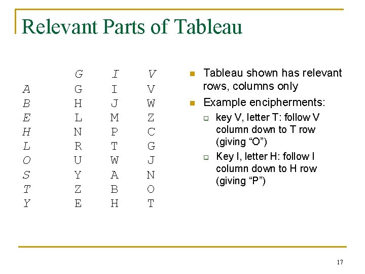 Relevant Parts of Tableau A B E H L O S T Y G