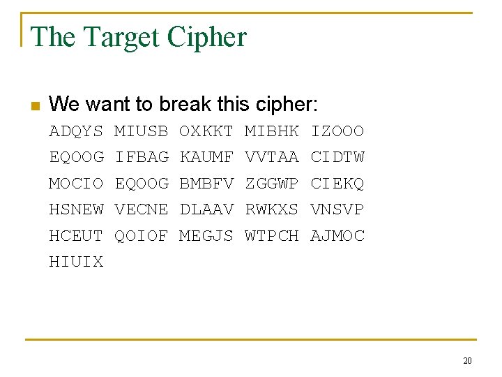 The Target Cipher n We want to break this cipher: ADQYS EQOOG MOCIO HSNEW