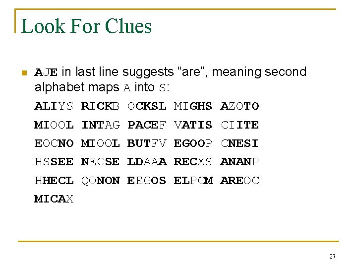 Look For Clues n AJE in last line suggests “are”, meaning second alphabet maps