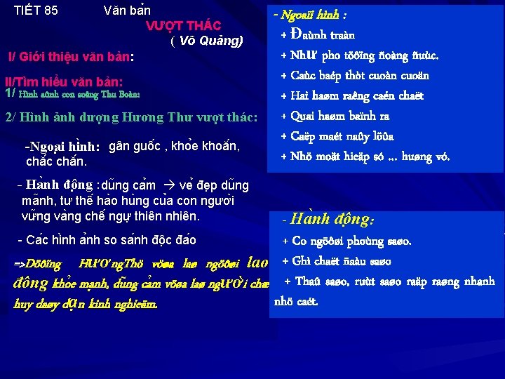 TIẾT 85 Văn ba n VƯỢT THÁC ( Võ Quảng) I/ Giới thiệu văn TIẾT 85 Văn ba n VƯỢT THÁC ( Võ Quảng) I/ Giới thiệu văn