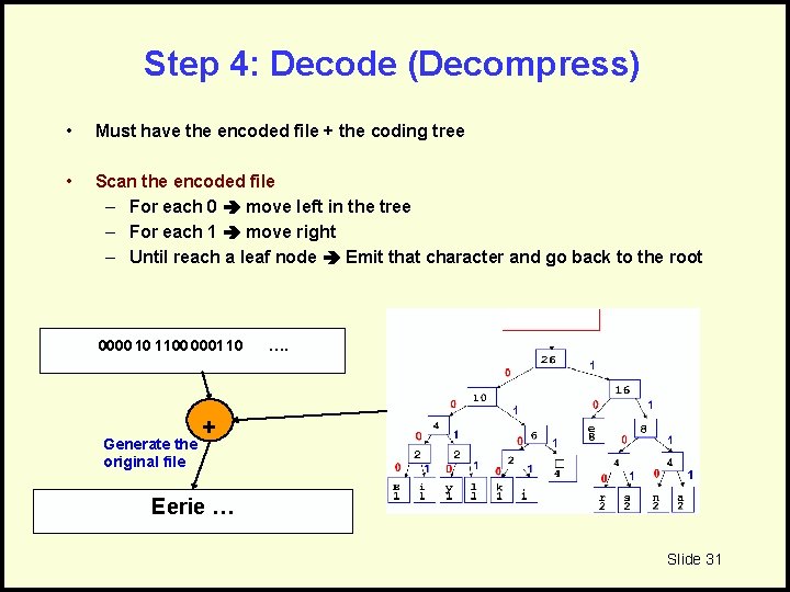 Step 4: Decode (Decompress) • Must have the encoded file + the coding tree