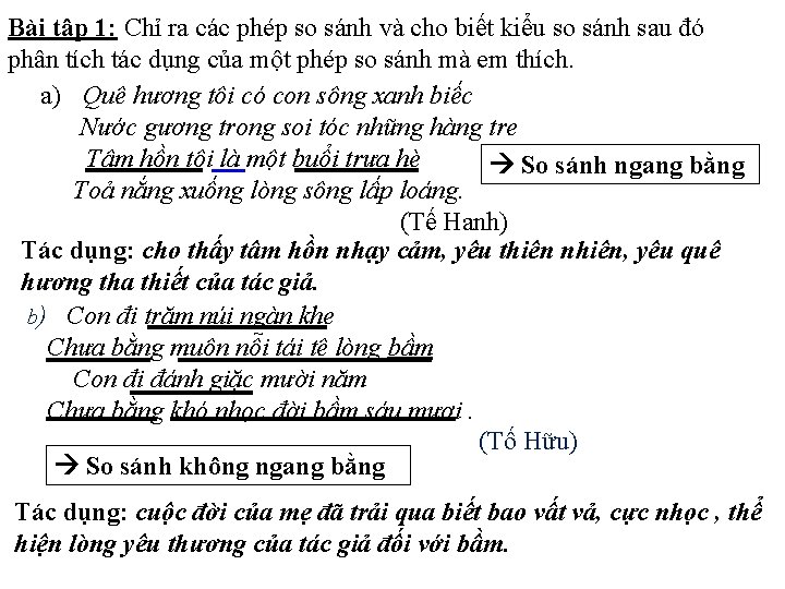 Bài tập 1: Chỉ ra các phép so sánh và cho biết kiểu so