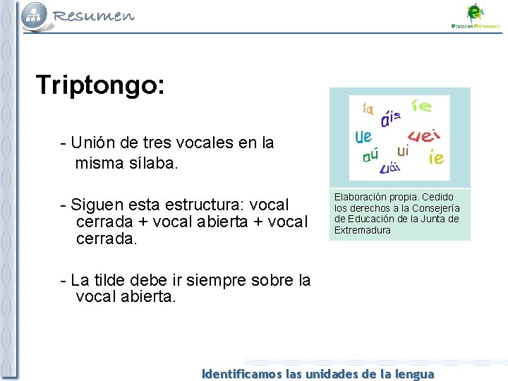 Triptongo: - Unión de tres vocales en la misma sílaba. - Siguen esta estructura: