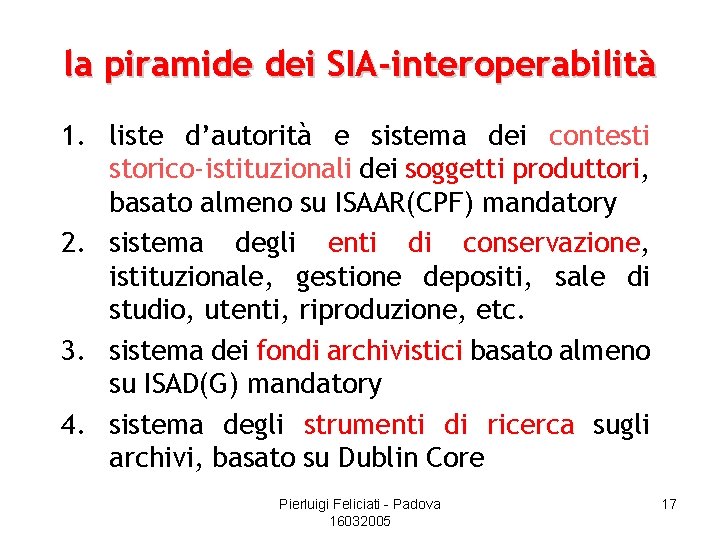 la piramide dei SIA-interoperabilità 1. liste d’autorità e sistema dei contesti storico-istituzionali dei soggetti