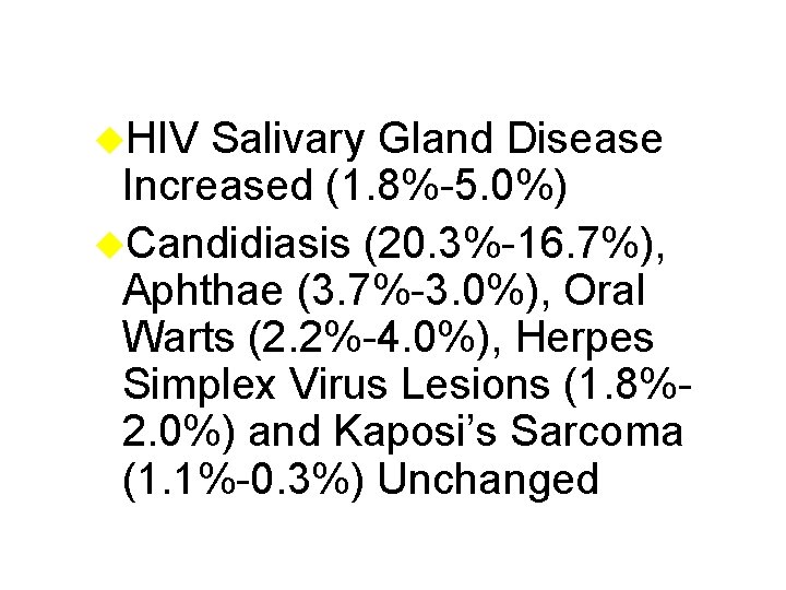 u. HIV Salivary Gland Disease Increased (1. 8%-5. 0%) u. Candidiasis (20. 3%-16. 7%),