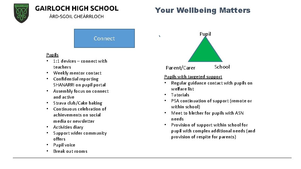 Remote learning entitlements Your Wellbeing Matters Pupil Connect Pupils • 1: 1 devices –