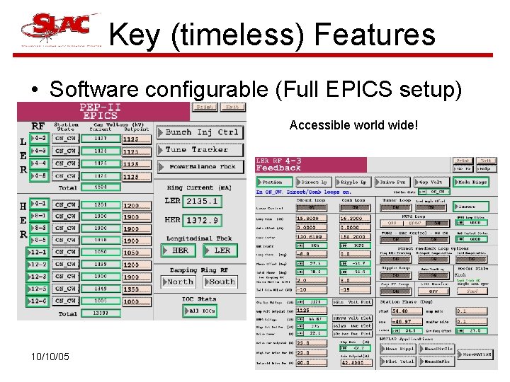 Key (timeless) Features • Software configurable (Full EPICS setup) Accessible world wide! 10/10/05 