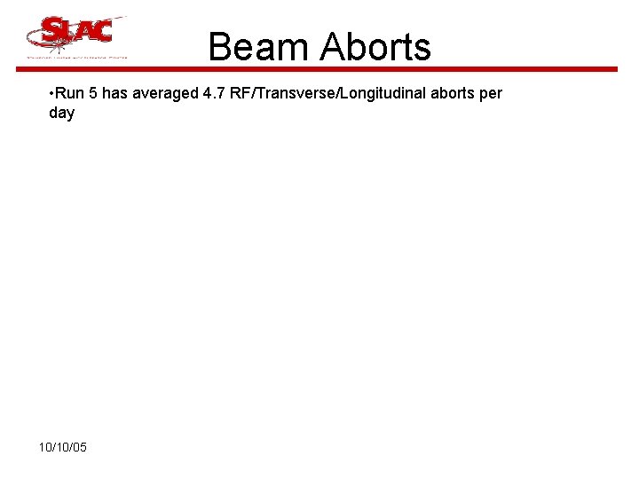 Beam Aborts • Run 5 has averaged 4. 7 RF/Transverse/Longitudinal aborts per day 10/10/05
