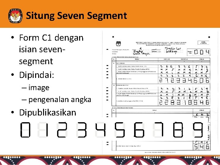 Situng Seven Segment • Form C 1 dengan isian sevensegment • Dipindai: – image