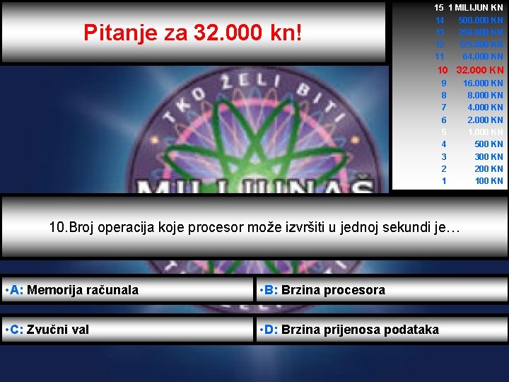 Pitanje za 32. 000 kn! 15 1 MILIJUN KN 14 500. 000 KN 13