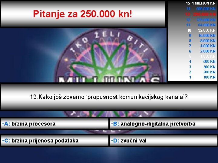 Pitanje za 250. 000 kn! 15 1 MILIJUN KN 14 500. 000 KN 13