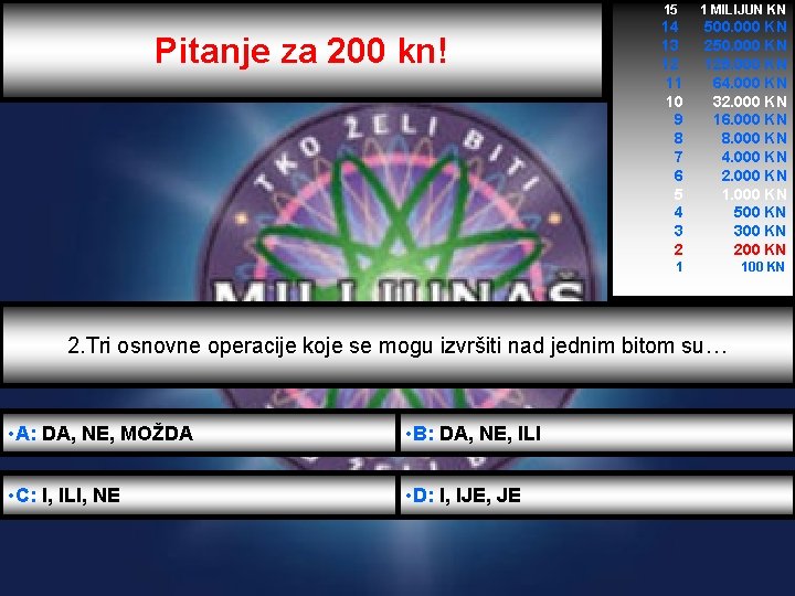 Pitanje za 200 kn! 15 1 MILIJUN KN 14 13 12 11 10 9