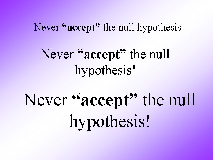 Never “accept” the null hypothesis! 