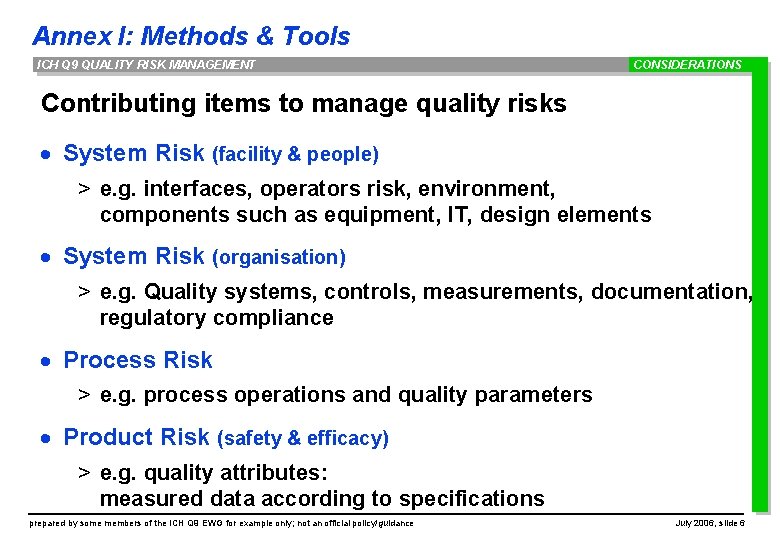 Annex I: Methods & Tools ICH Q 9 QUALITY RISK MANAGEMENT CONSIDERATIONS Contributing items