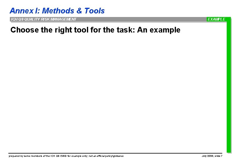 Annex I: Methods & Tools ICH Q 9 QUALITY RISK MANAGEMENT EXAMPLE Choose the