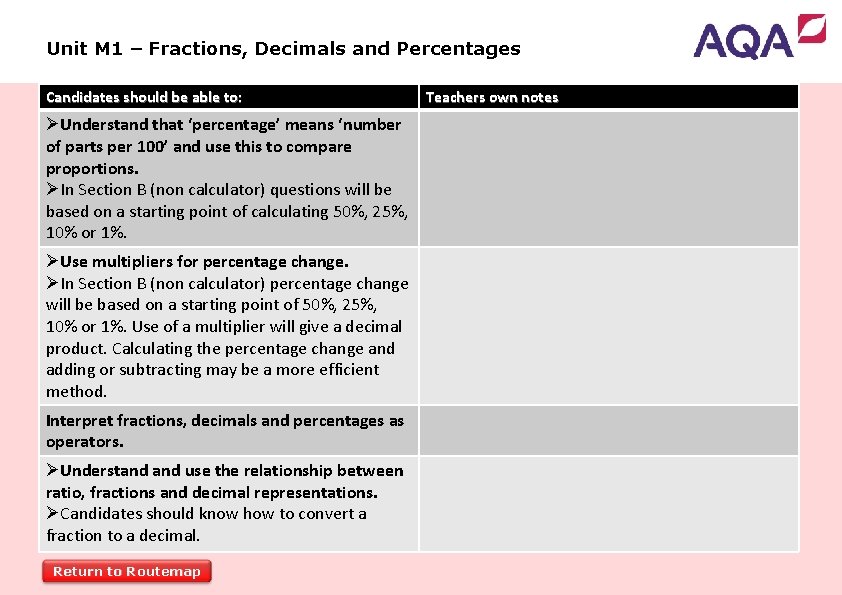 Unit M 1 – Fractions, Decimals and Percentages Candidates should be able to: ØUnderstand