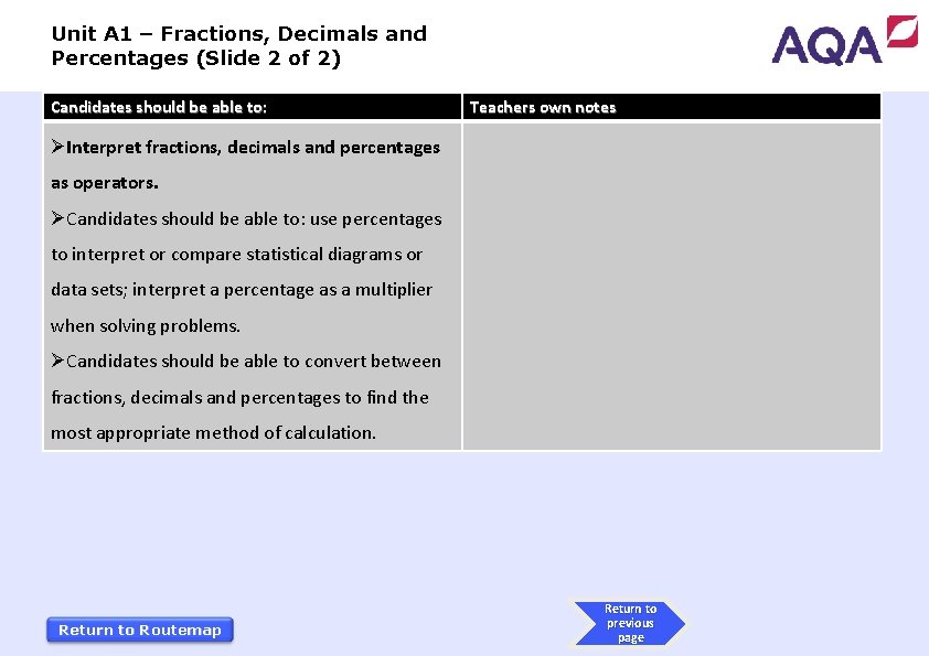 Unit A 1 – Fractions, Decimals and Percentages (Slide 2 of 2) Candidates should