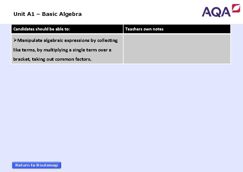 Unit A 1 – Basic Algebra Candidates should be able to: ØManipulate algebraic expressions