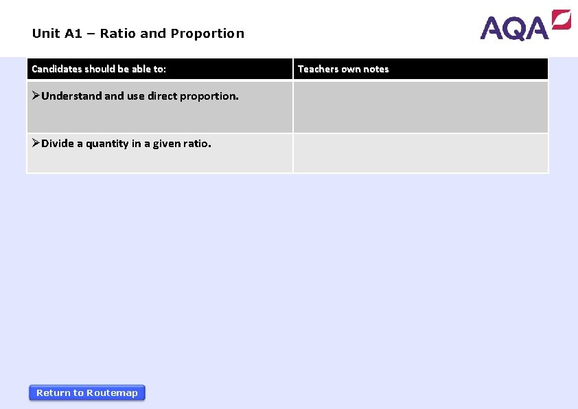 Unit A 1 – Ratio and Proportion Candidates should be able to: ØUnderstand use