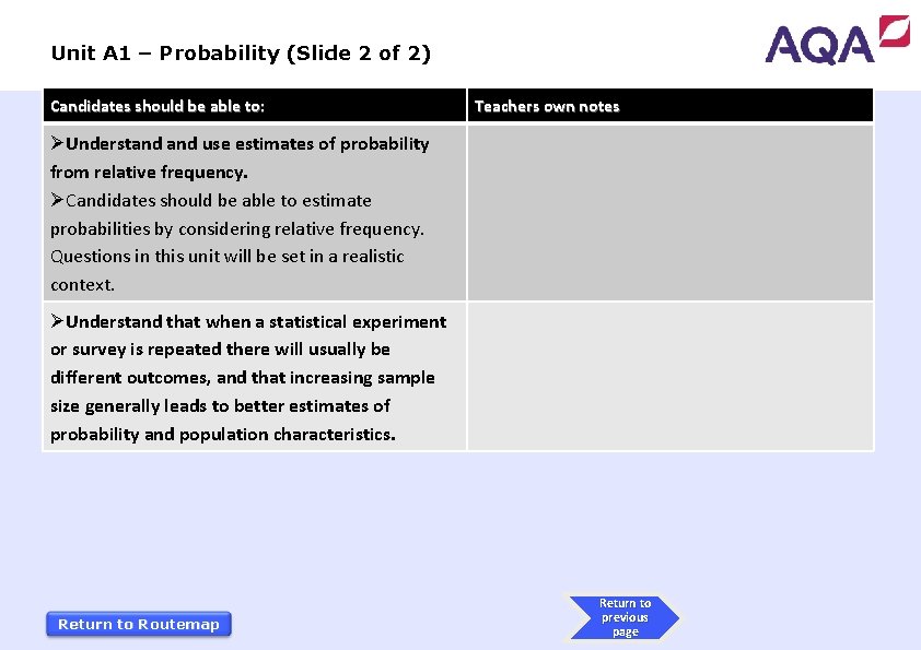 Unit A 1 – Probability (Slide 2 of 2) Candidates should be able to: