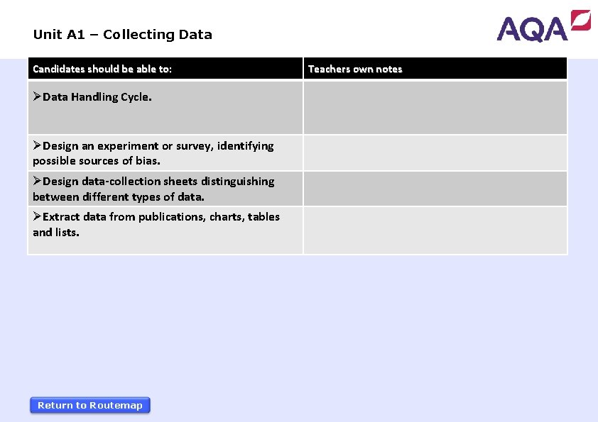 Unit A 1 – Collecting Data Candidates should be able to: ØData Handling Cycle.