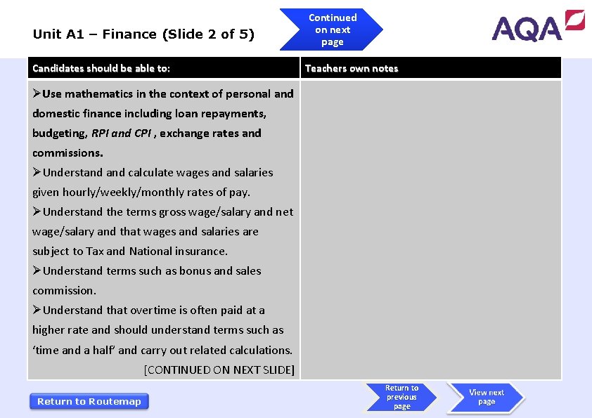 Unit A 1 – Finance (Slide 2 of 5) Candidates should be able to: