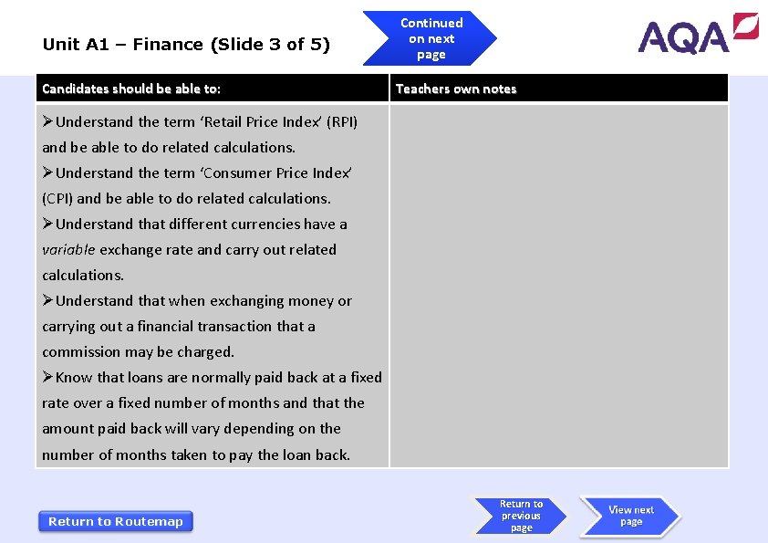 Unit A 1 – Finance (Slide 3 of 5) Candidates should be able to: