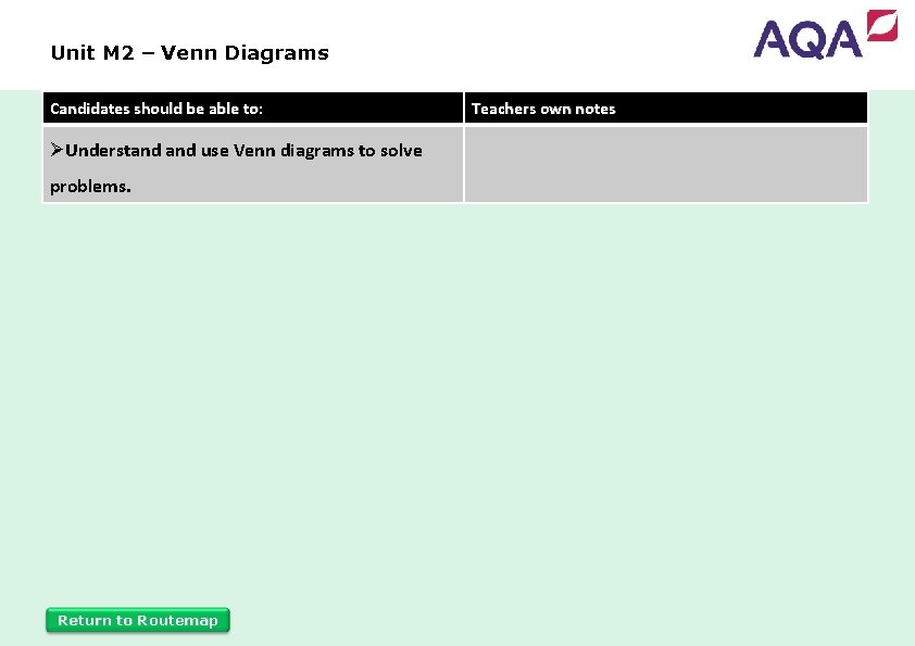 Unit M 2 – Venn Diagrams Candidates should be able to: ØUnderstand use Venn