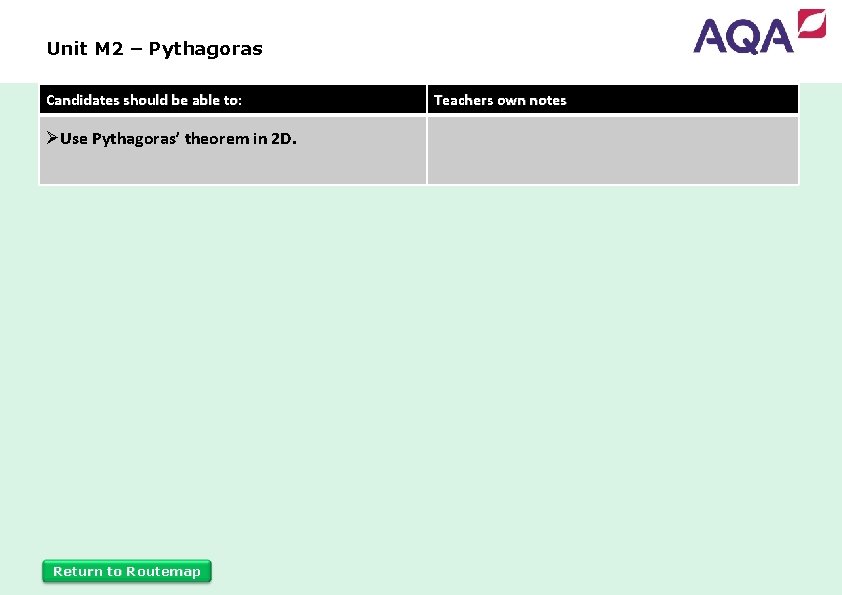 Unit M 2 – Pythagoras Candidates should be able to: ØUse Pythagoras’ theorem in