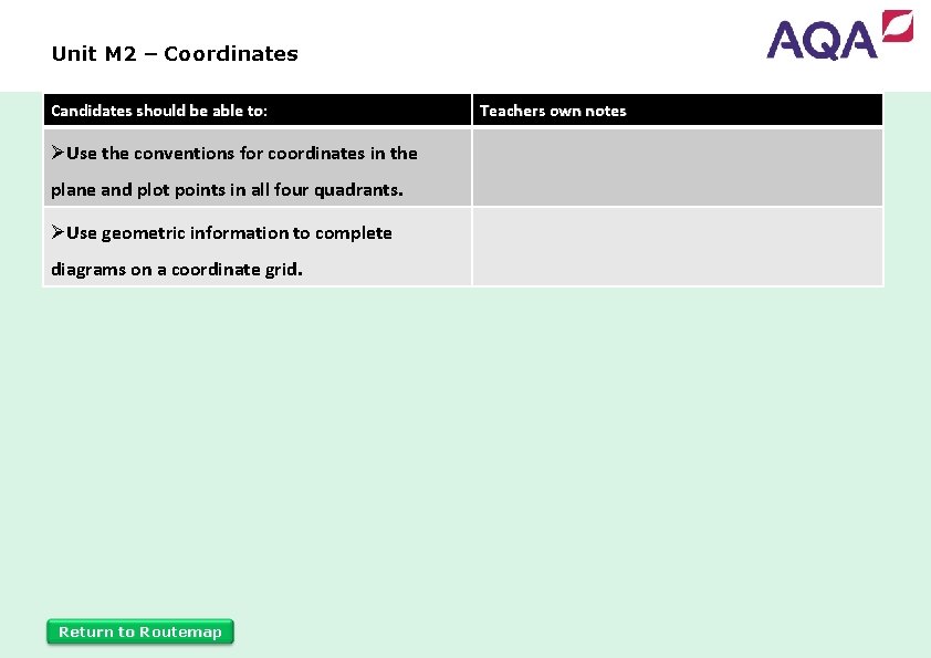 Unit M 2 – Coordinates Candidates should be able to: ØUse the conventions for