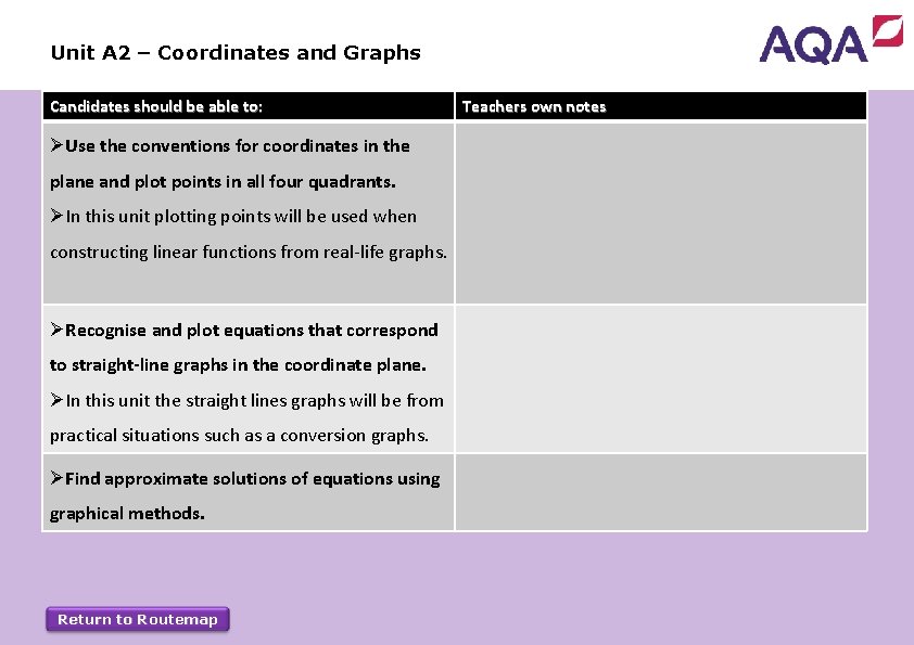 Unit A 2 – Coordinates and Graphs Candidates should be able to: ØUse the