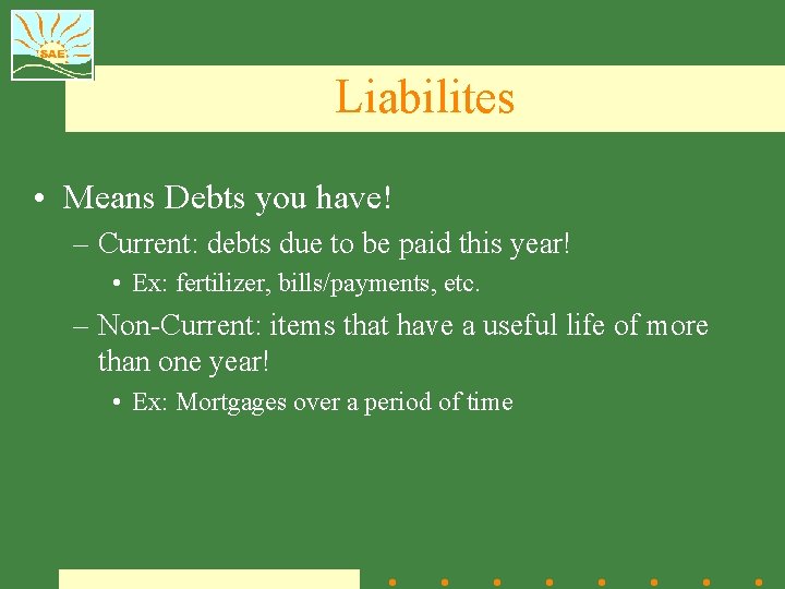 Liabilites • Means Debts you have! – Current: debts due to be paid this