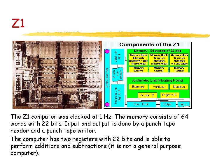 Z 1 The Z 1 computer was clocked at 1 Hz. The memory consists