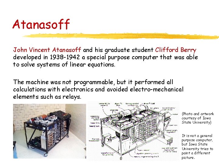 Atanasoff John Vincent Atanasoff and his graduate student Clifford Berry developed in 1938 -1942