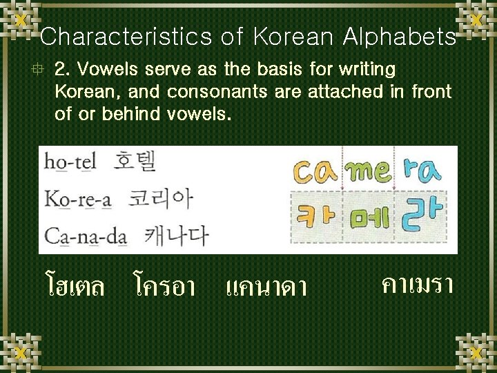 Characteristics of Korean Alphabets ° 2. Vowels serve as the basis for writing Korean,