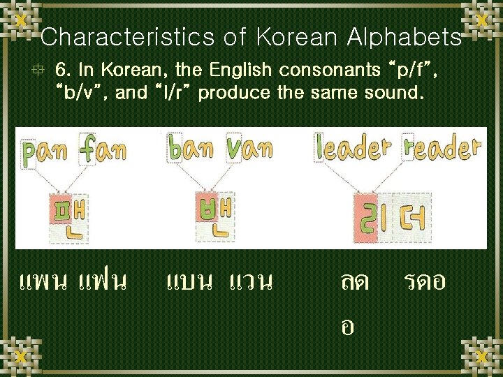 Characteristics of Korean Alphabets ° 6. In Korean, the English consonants “p/f”, “b/v”, and