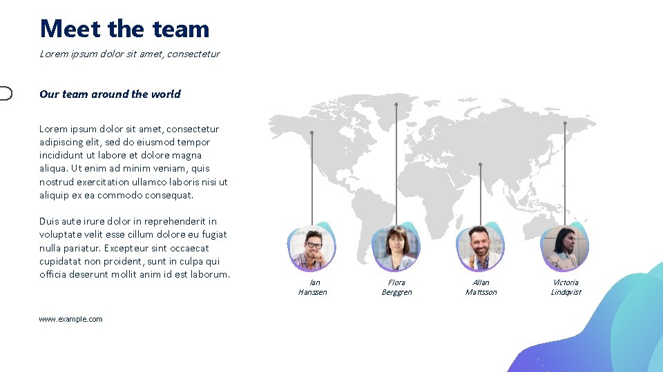 Meet the team Lorem ipsum dolor sit amet, consectetur Our team around the world