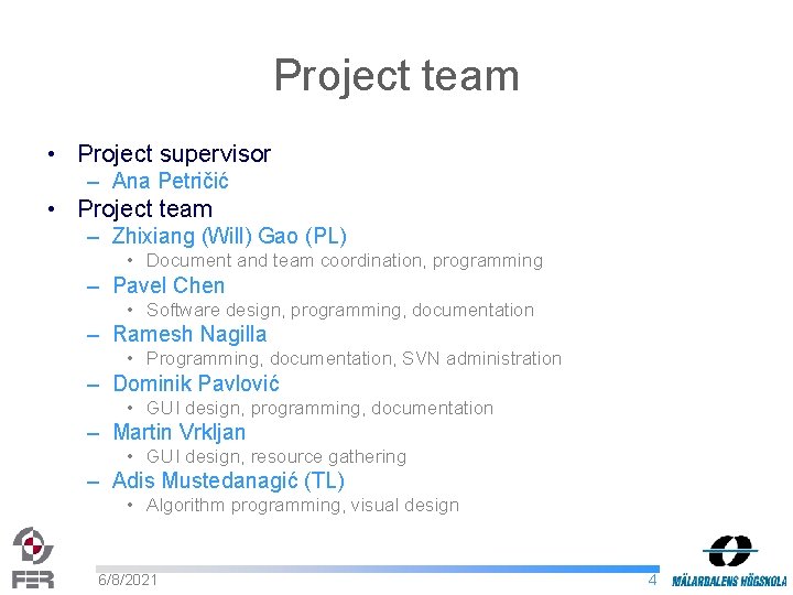 Project team • Project supervisor – Ana Petričić • Project team – Zhixiang (Will)