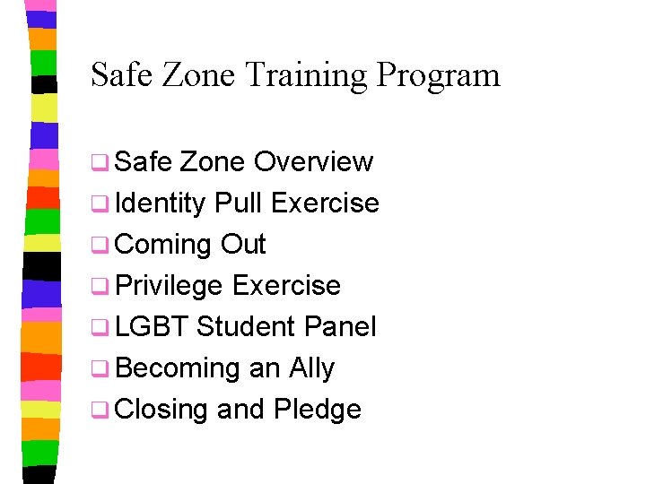 Safe Zone Training Program q Safe Zone Overview q Identity Pull Exercise q Coming