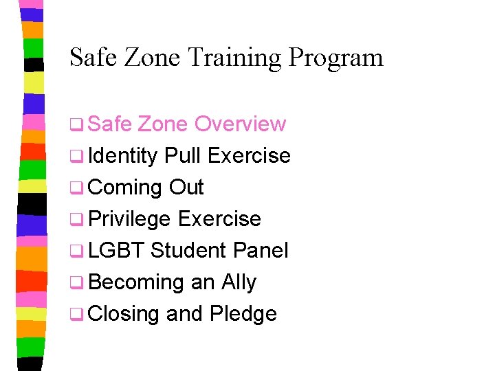 Safe Zone Training Program q Safe Zone Overview q Identity Pull Exercise q Coming